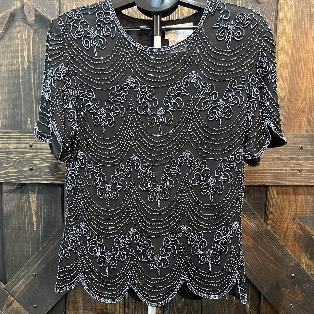 Vtg Adrianna Papell Black Beaded Top XL Evening Boutique Formal Dark Retro Glam